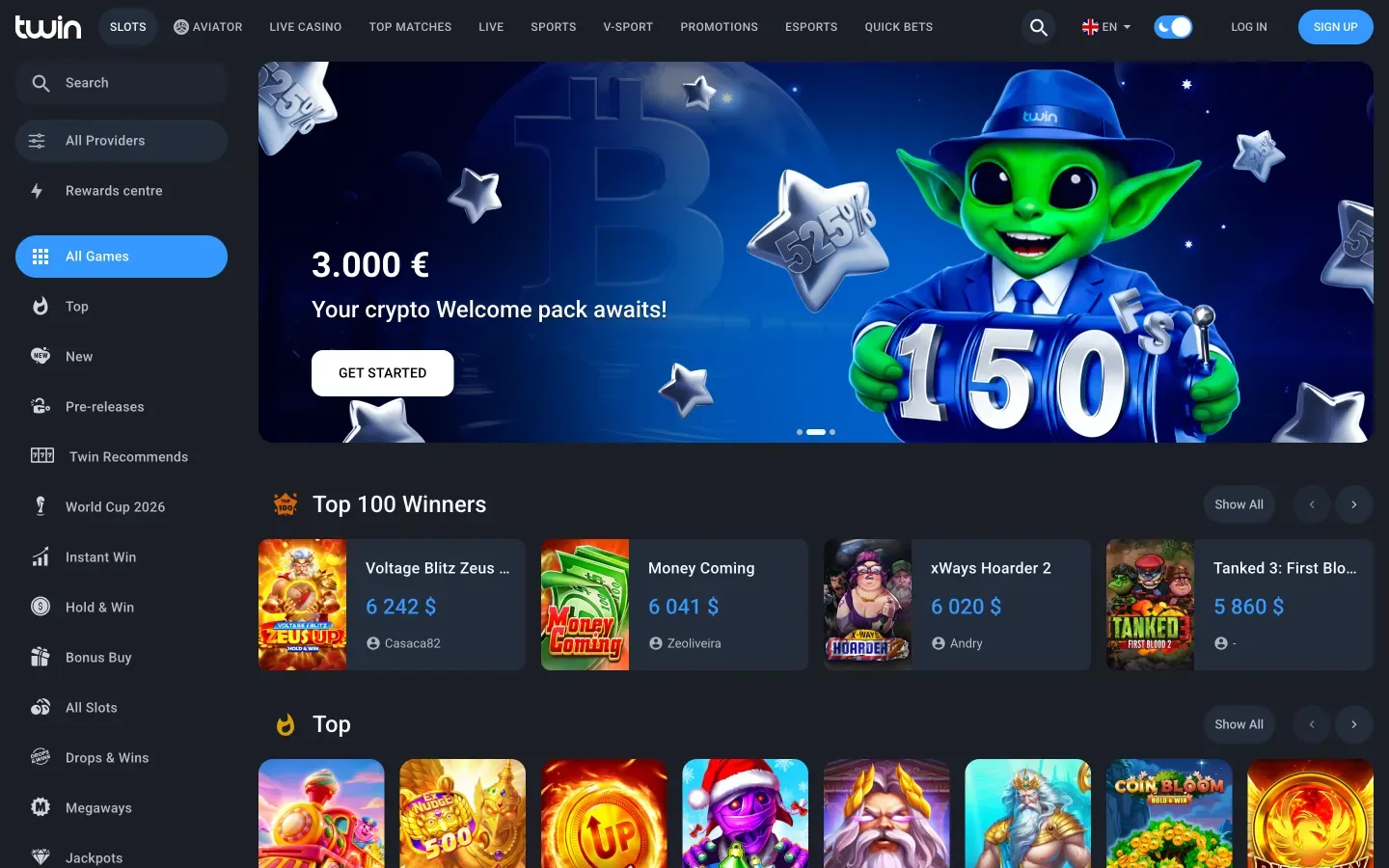 Лобби Твин Казино с меню категорий слева и рейтингом Top 100 Winners